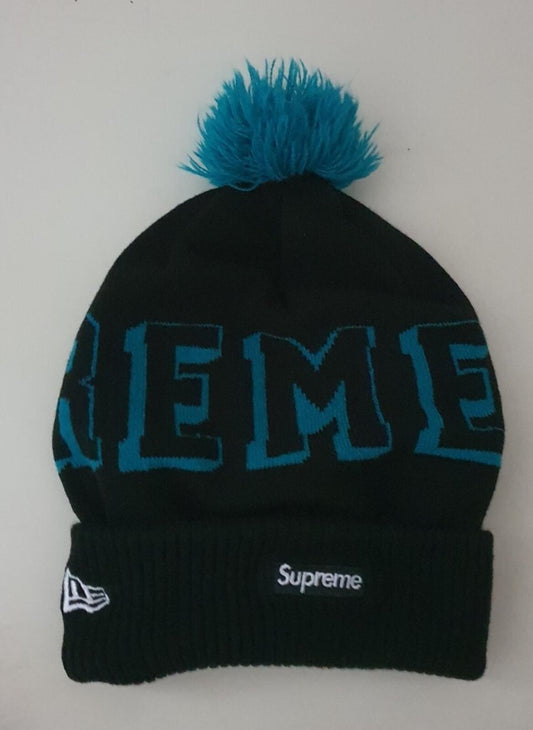 FW15 Supreme Banner New Era black / blue beanie small box logo Rare