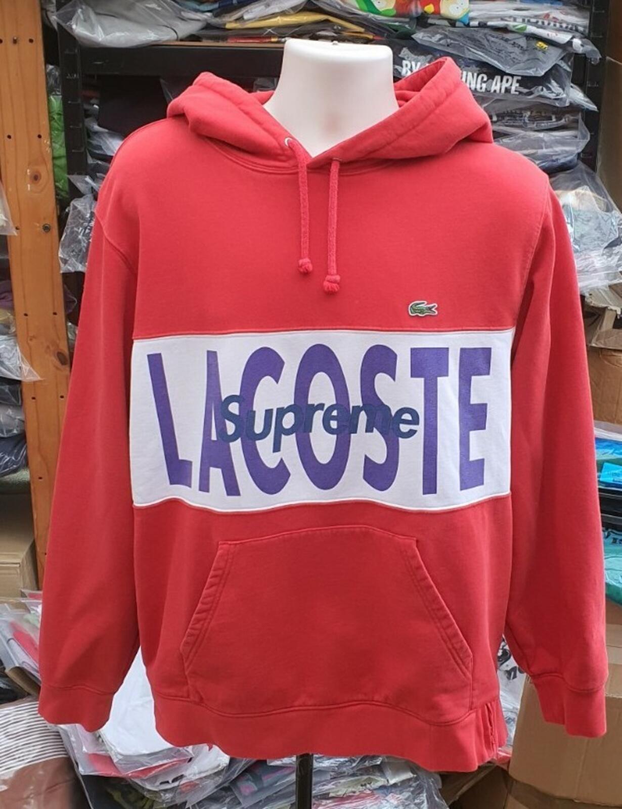 FW19 Supreme x Lacoste Logo Panel Hooded Sweatshirt Red Size L