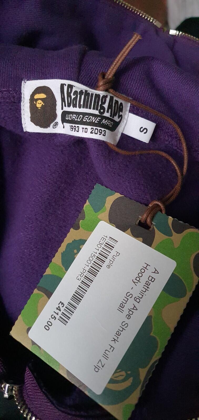 A BATHING APE Shark Full Zip Hooded Sweatshirt Purple Size S BAPE