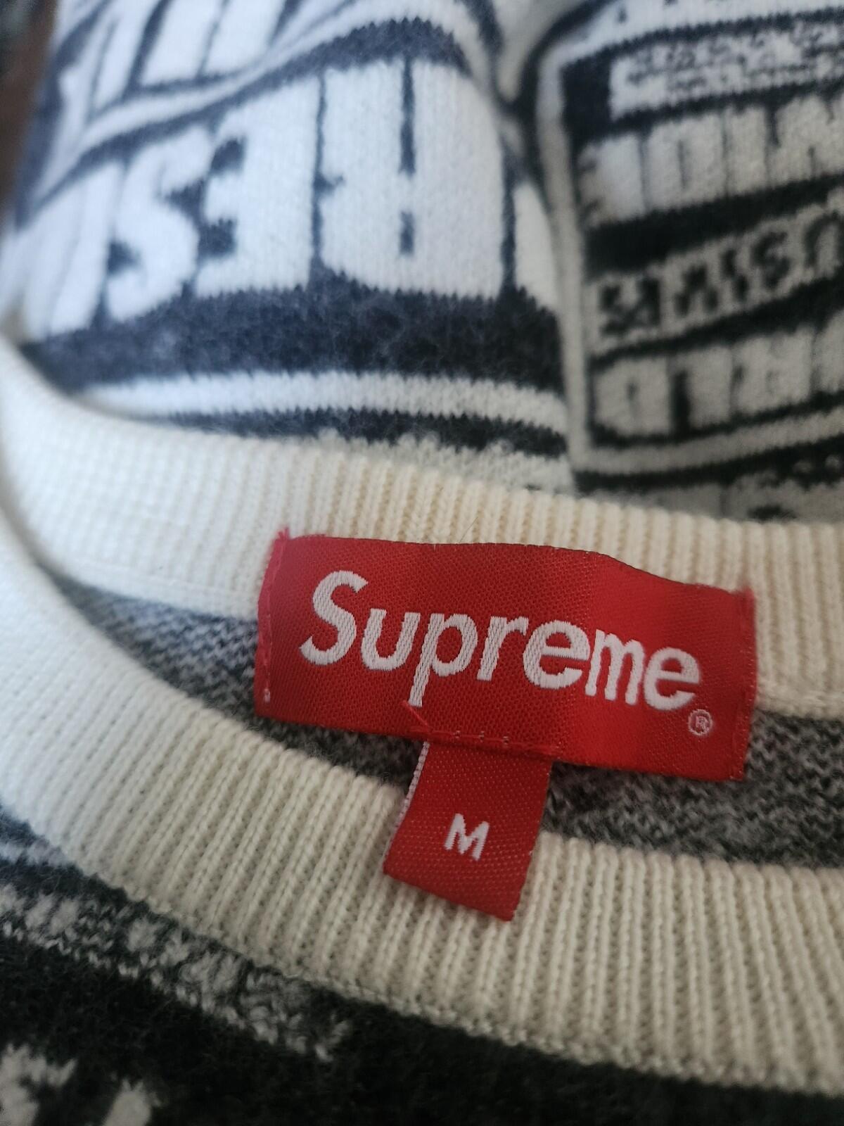 FW18 Supreme Newsprint Pullover Merinowolle Weiß Größe S