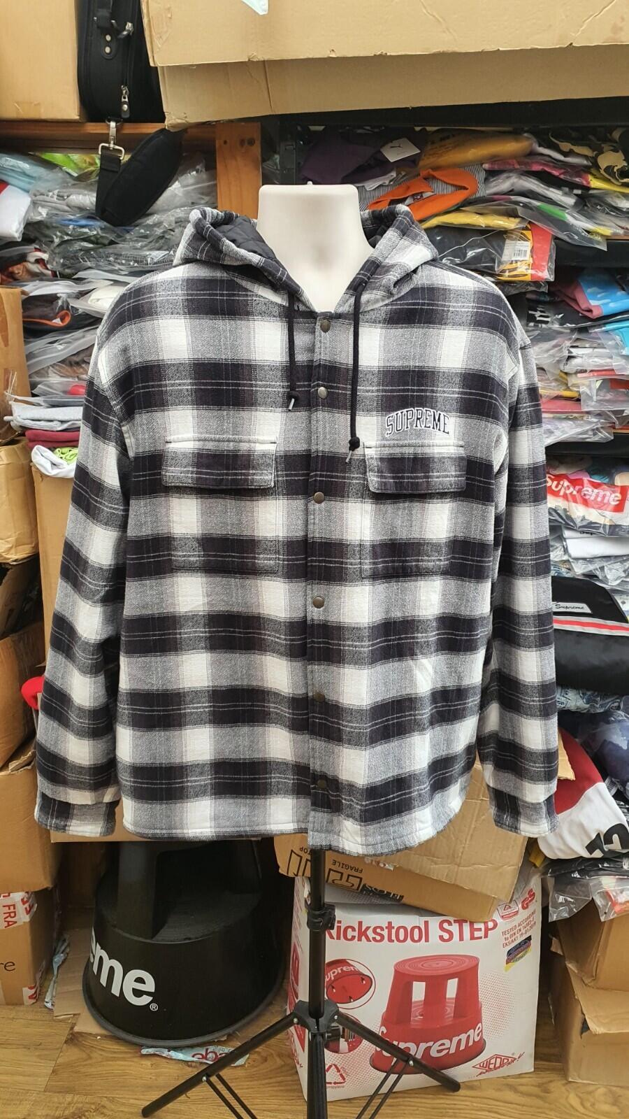 FW19 Supreme Quilted Hooded Plaid Shirt Black Size XL