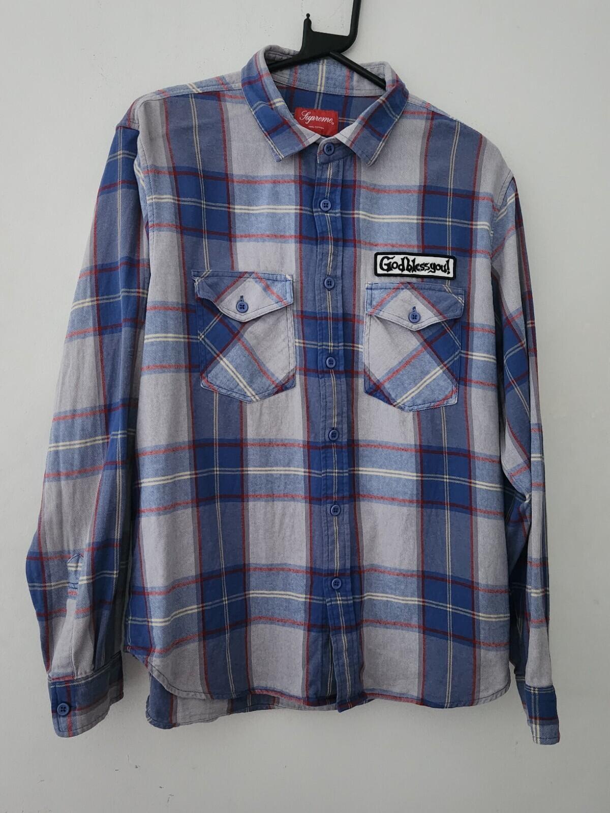 FW17 Supreme God Bless Plaid Flannel Shirt Blue Grey Size M Medium Blessed