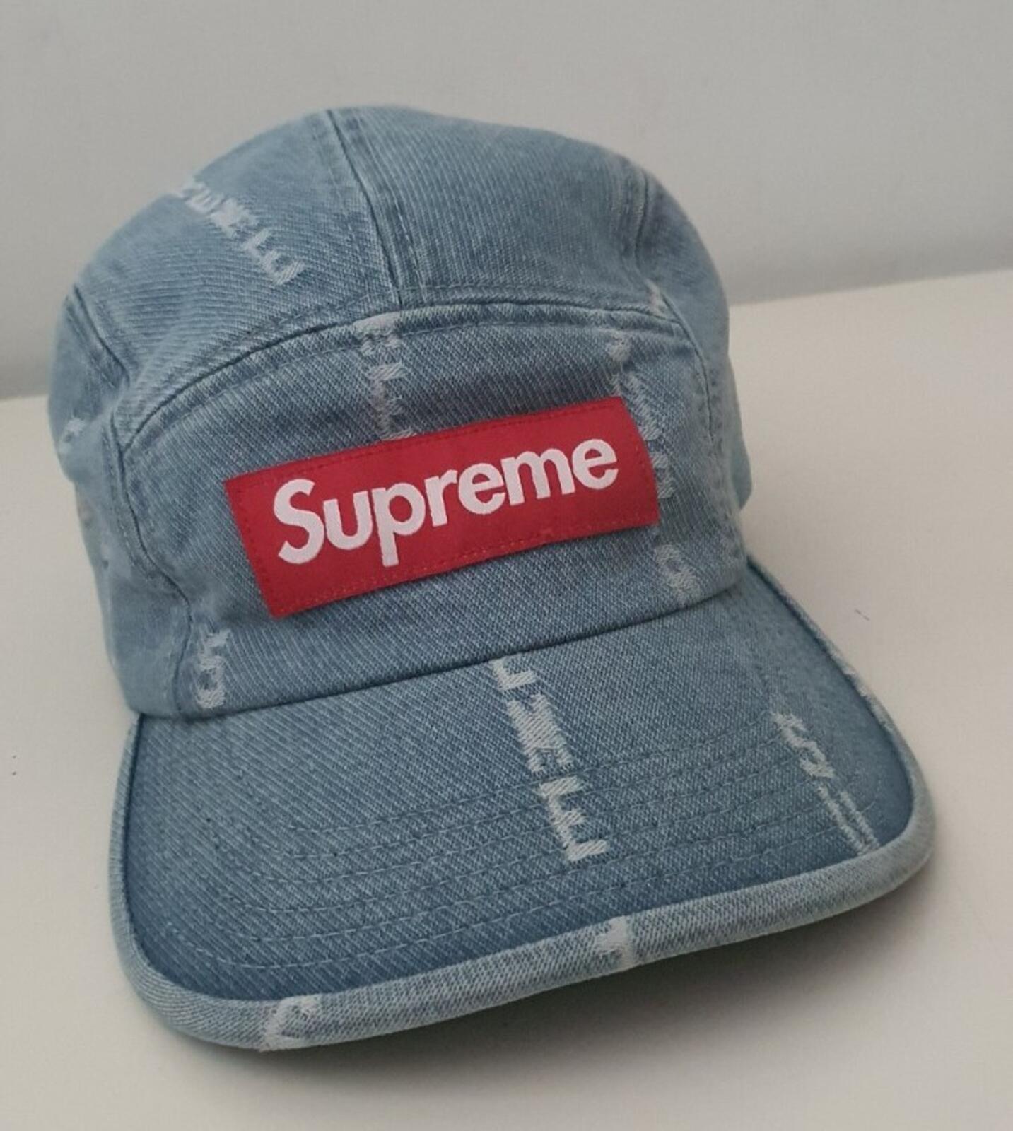 FW20 Supreme Logo Stripe Jacquard denim camp cap red box logo blue hat Worn 1x