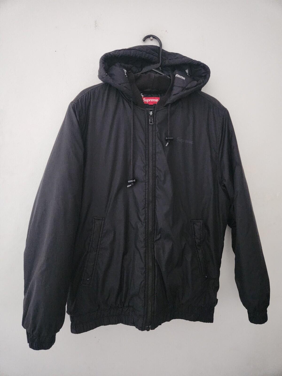 FW15 Supreme 2Tone Hooded Sideline Jacket Black Tackle Twill Logo White M Medium