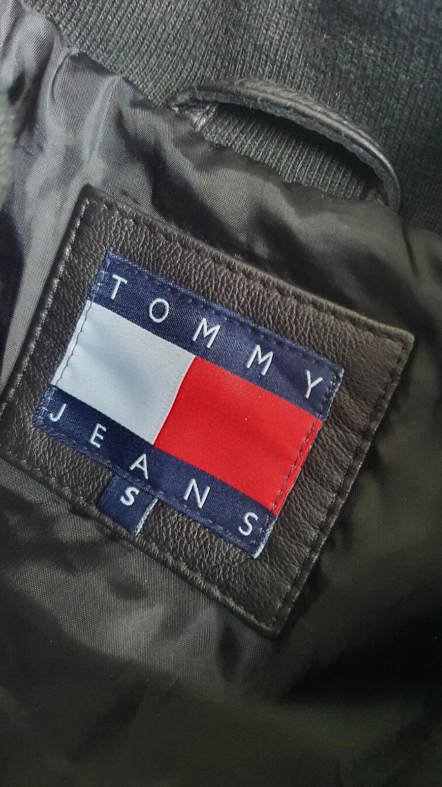 TOMMY JEANS £189 Varsity Wool Bomber Goat Leather Sleeves Black Jacket Hilfiger