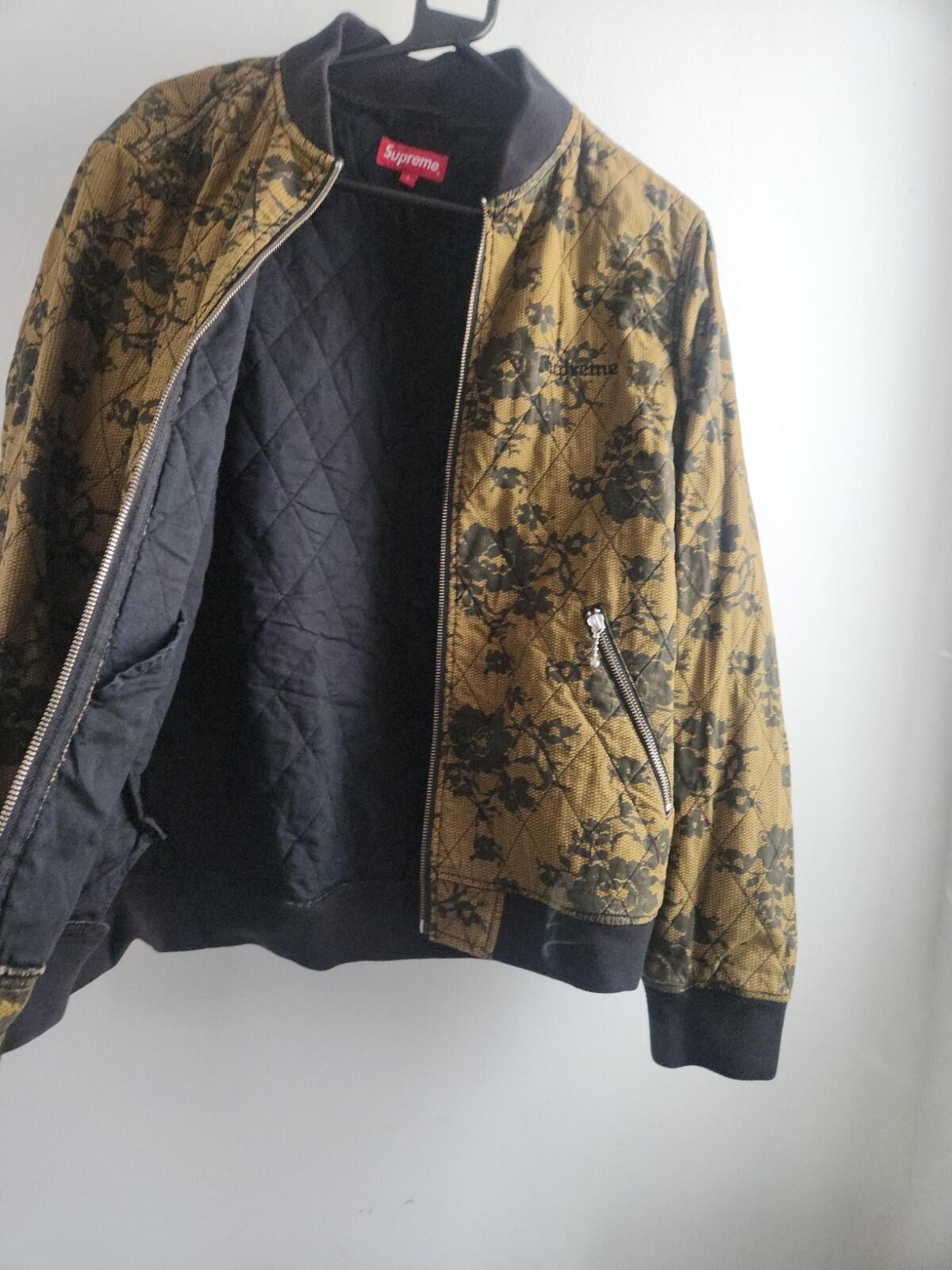 SS17 Supreme Quilted Lace Bomber Jacket Dark Gold Floral Lining Embroidered Logo