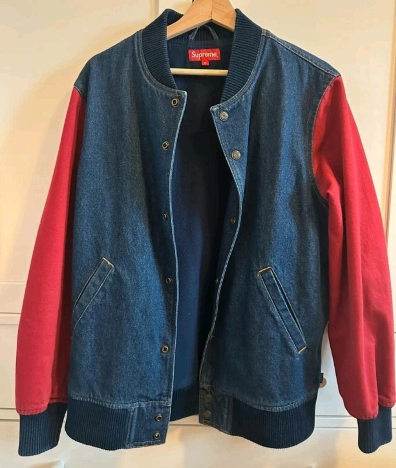 FW14 Supreme Denim Twill Varsity Jacket M Medium Vintage 2014 Flannel Lining