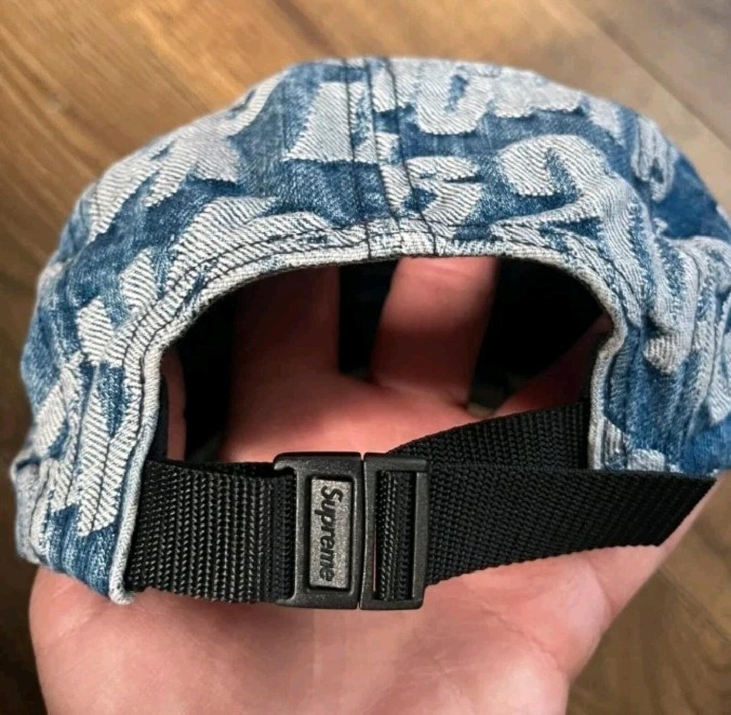 SS22 Supreme Fat Tip Jacquard Denim Camp Cap Blue