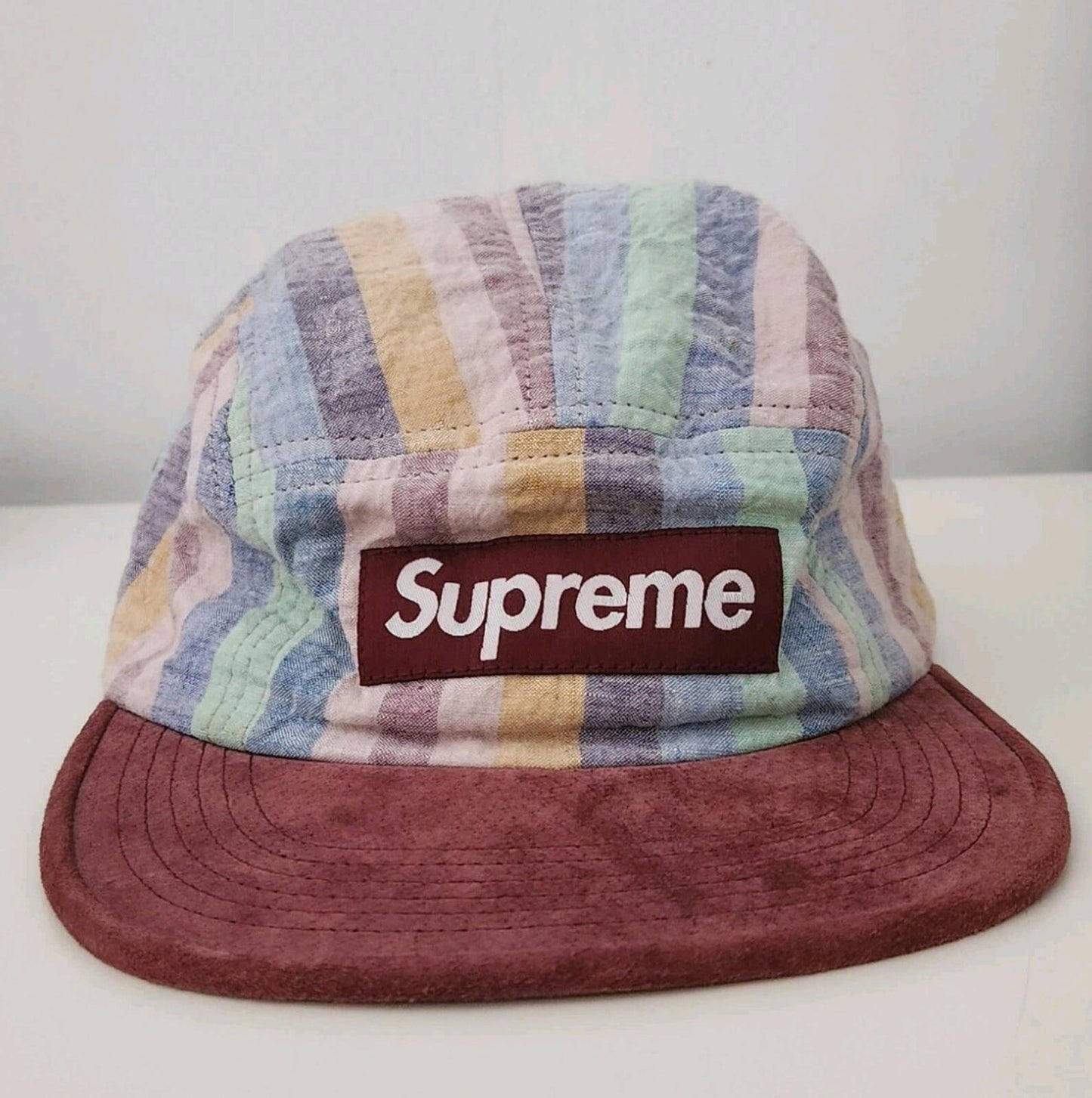 FW14 Supreme Striped Linen Suede Camp Cap 2014 Vintage