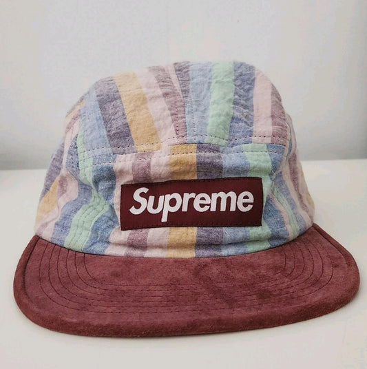 Gorra de camping de lino a rayas con gamuza Supreme FW14 de 2014 Vintage