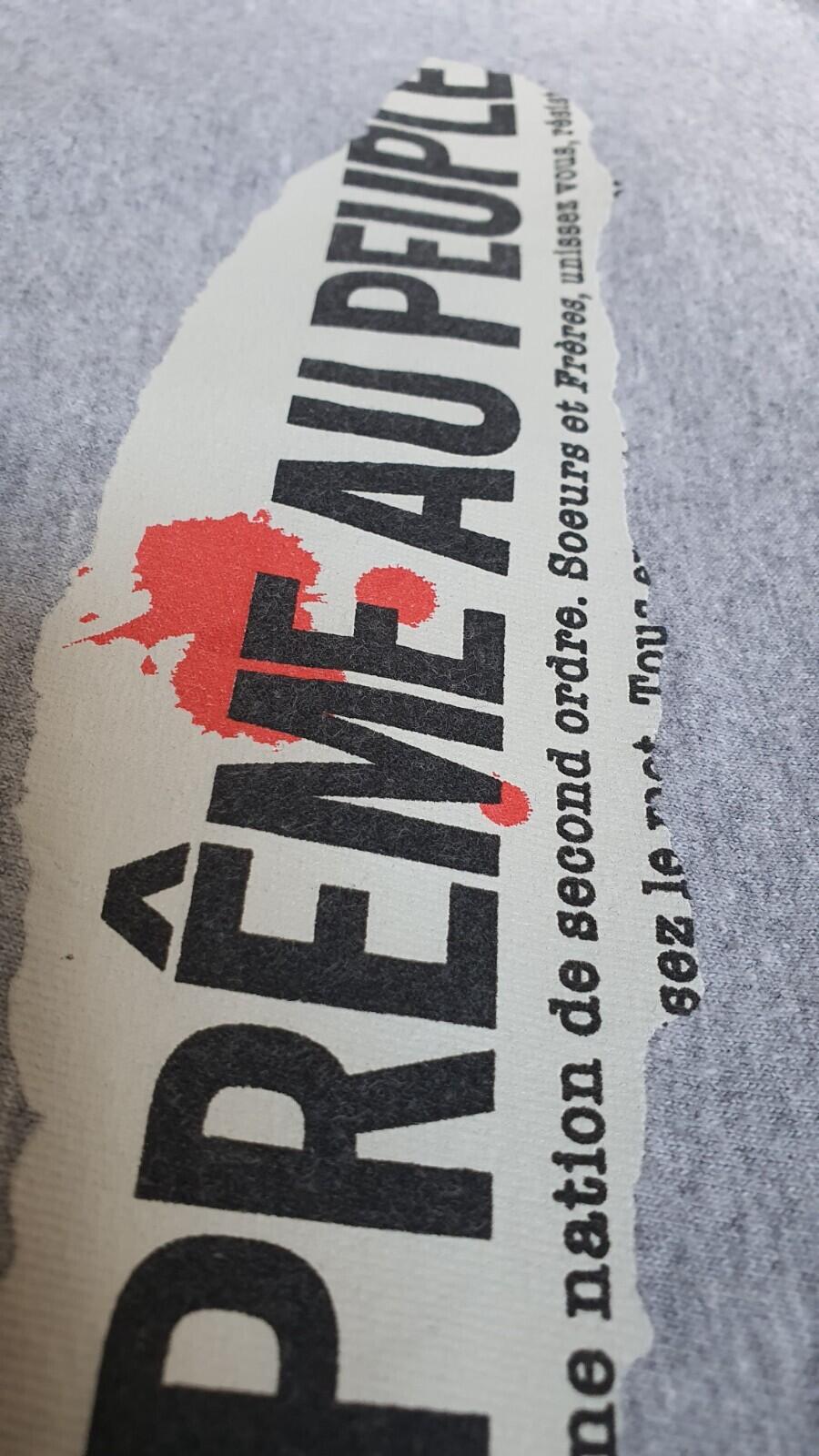 Camiseta SS19 Supreme Headline talla M gris jaspeado "Pouvoir"