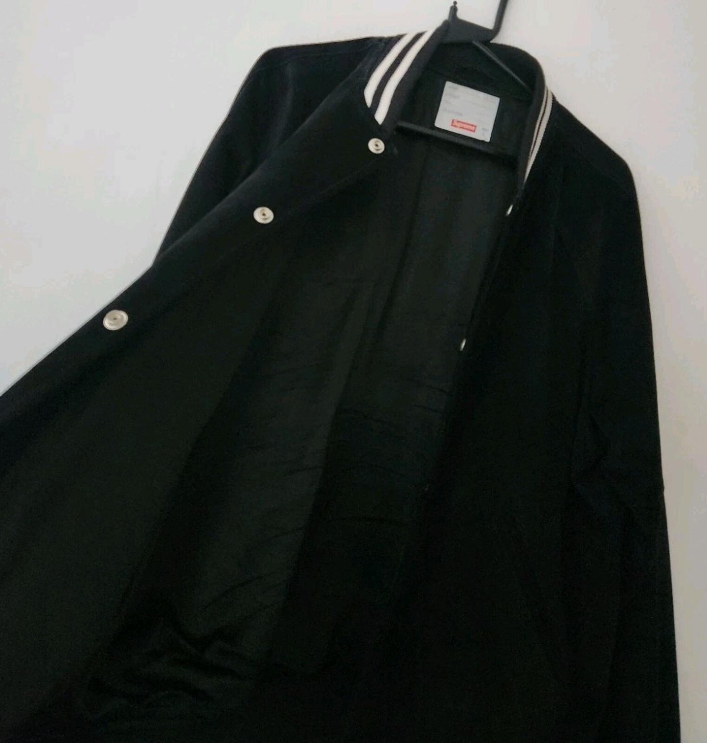 SS17 Supreme Suede Varsity Jacket L Large Black Leather Chenille Logo Coat Satin