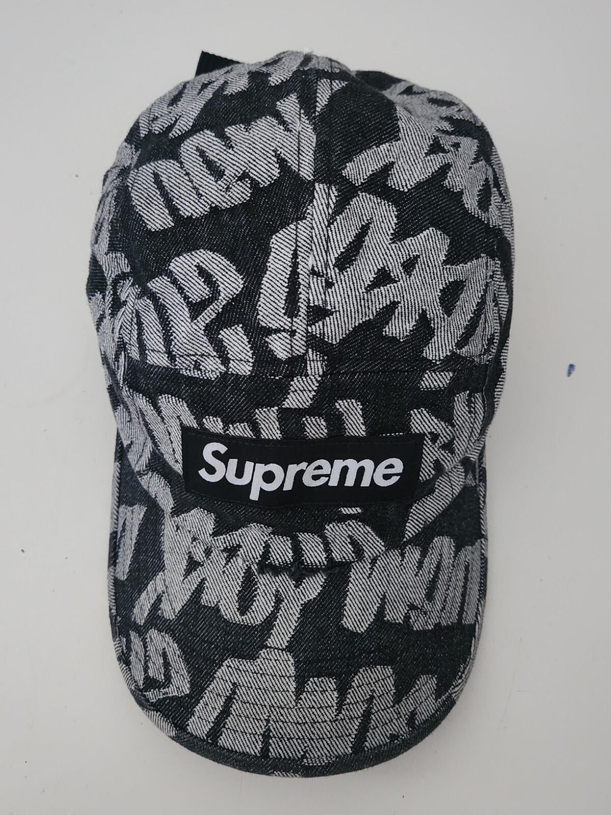 SS22 Supreme Fat Tip Jacquard Denim Camp Cap Black hat