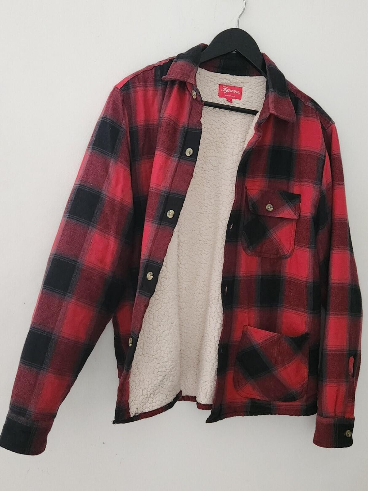 FW17 Supreme Buffalo Plaid Sherpa Lined Chore Shirt Size M Medium Red