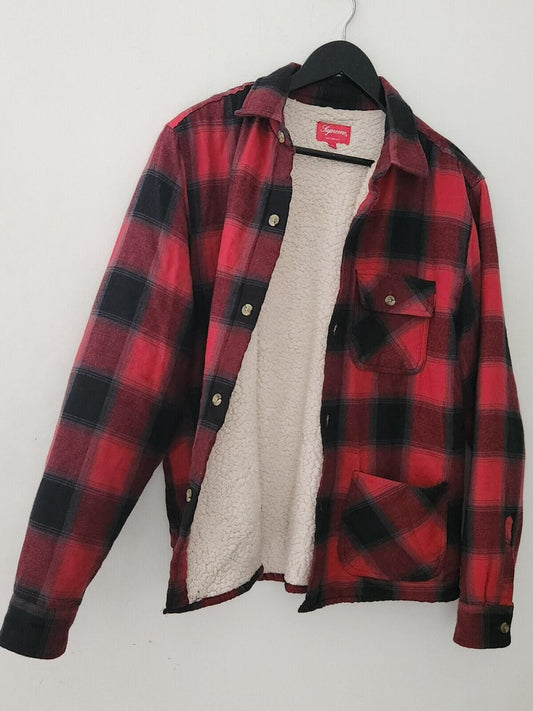 FW17 Supreme Buffalo Plaid Sherpa Lined Chore Shirt Größe M Medium Rot