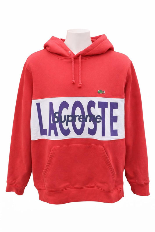 FW19 Supreme x Lacoste Logo Panel Hooded Sweatshirt Red Size L