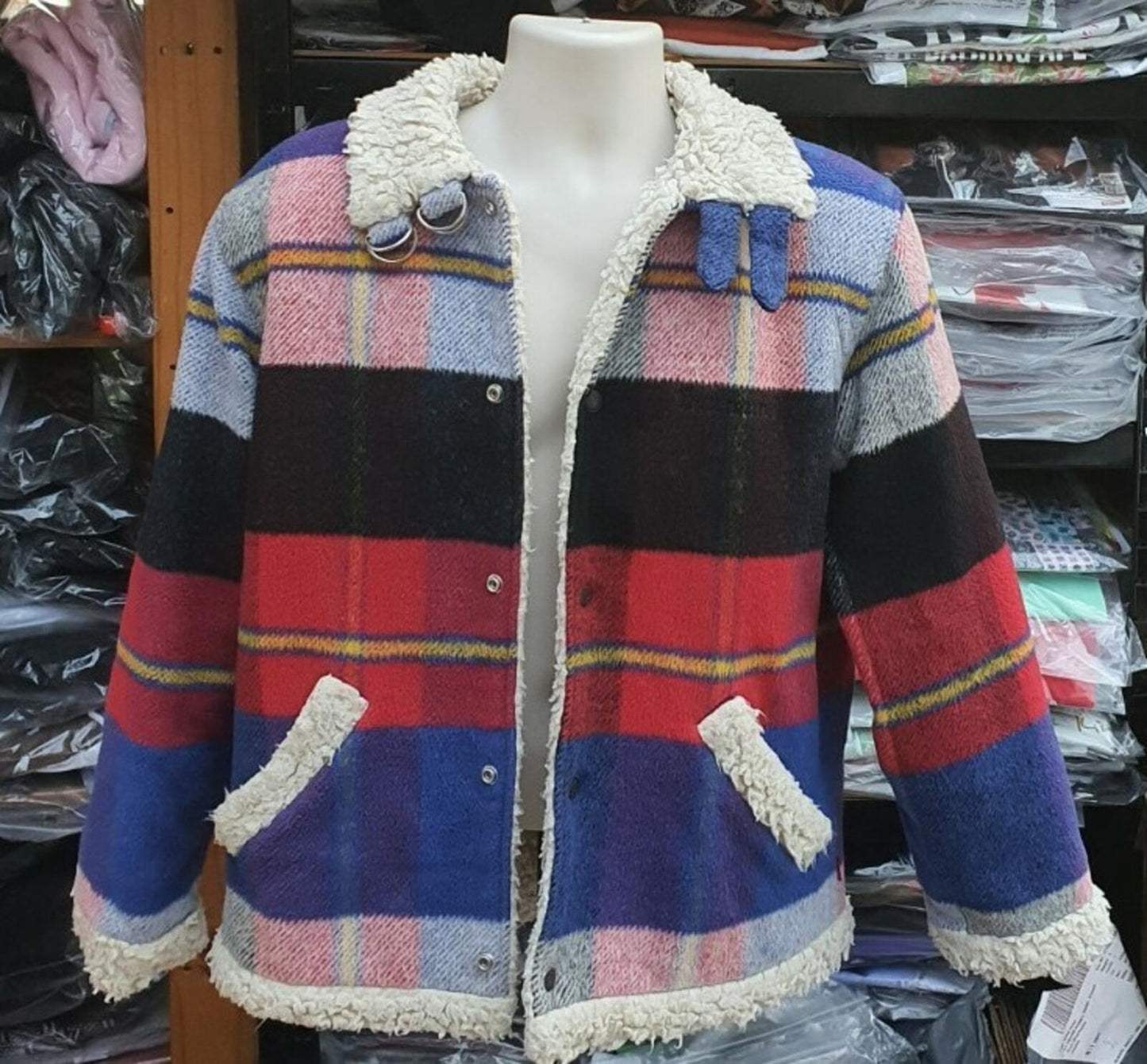 FW17 Supreme Plaid Shearling Bomber Jacket Coat Size S