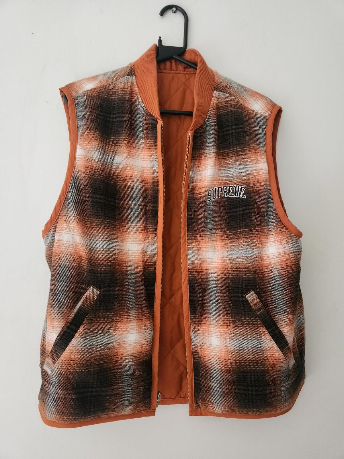 FW17 Supreme reversible shadow plaid vest size M medium orange gilet