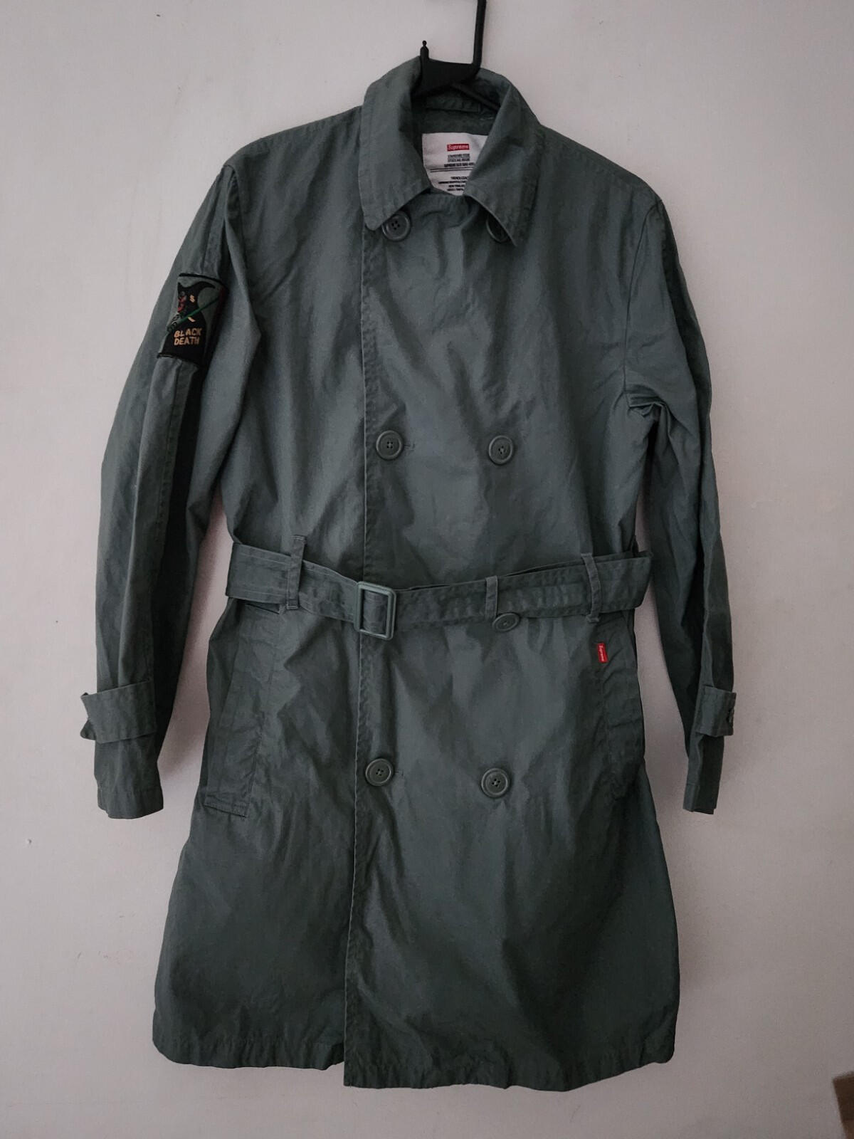 SS16 Supreme Belted Trench Coat Black Death Size S Small Water Resistant Jacket