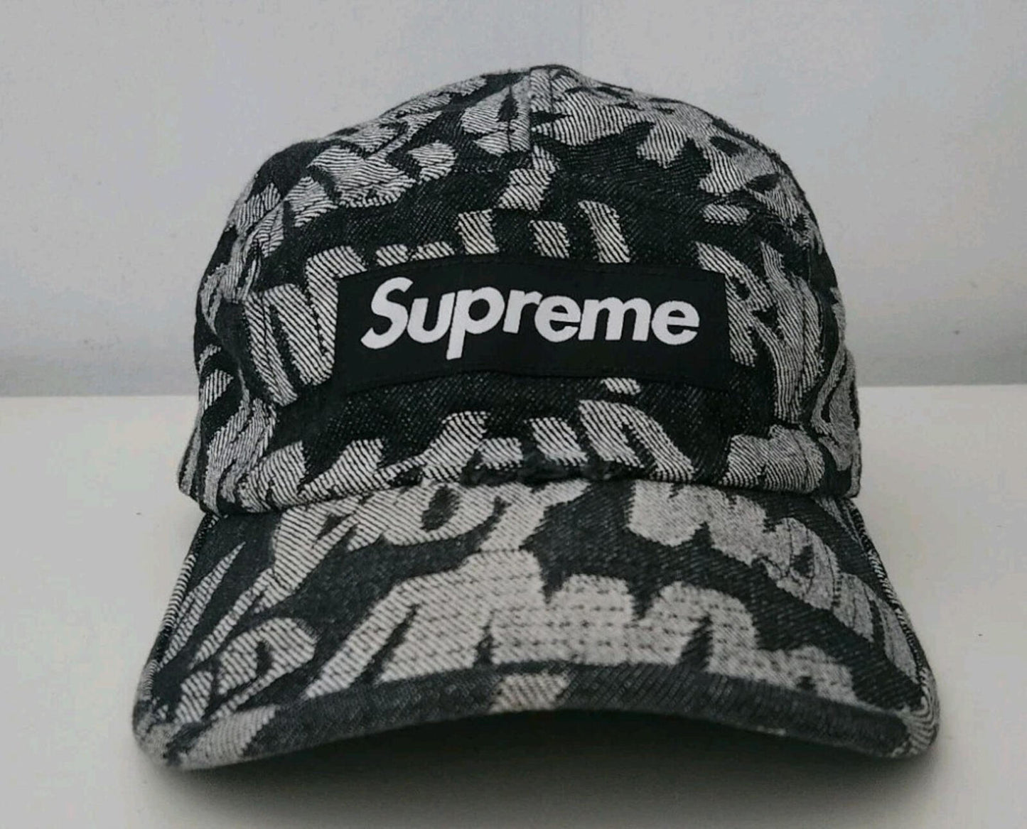 SS22 Supreme Fat Tip Jacquard Denim Camp Cap Black hat
