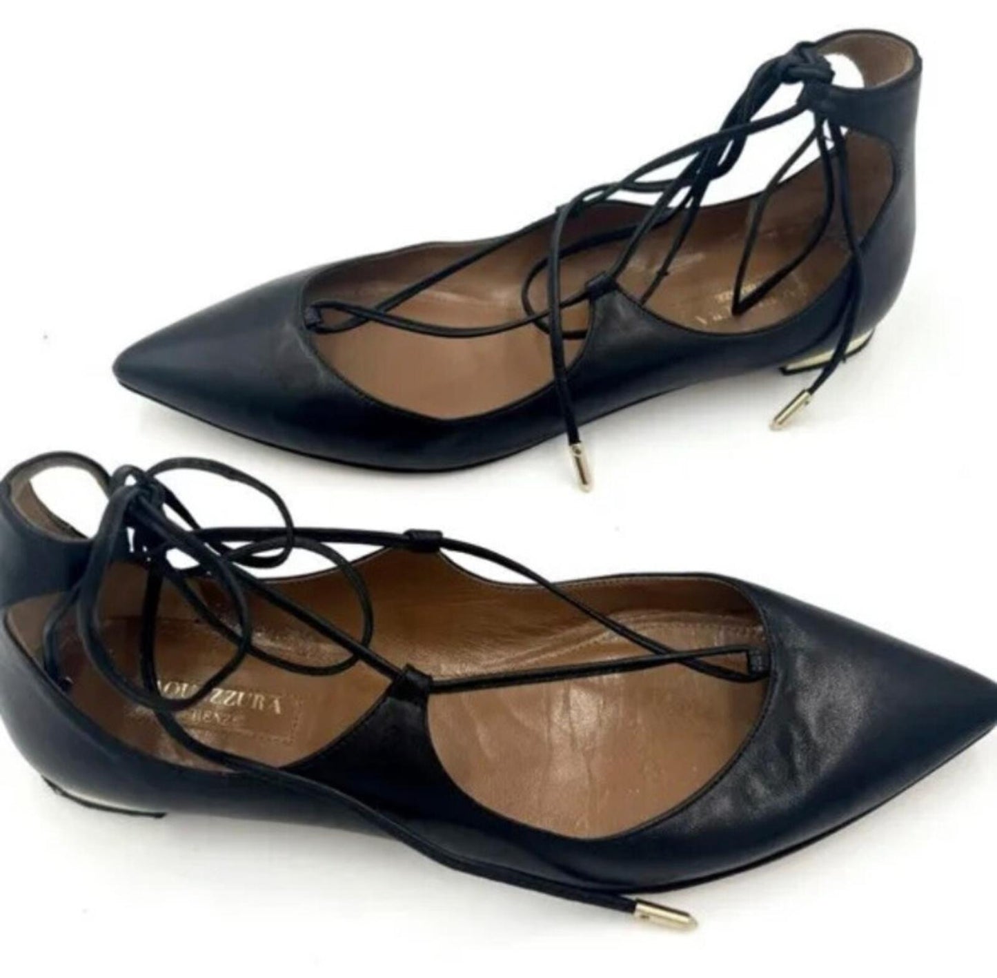 £415 AQUAZZURA Black Leather Christy Flat Pointed Toe Sandals Ballet EU 38 UK 5
