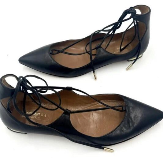 £415 AQUAZZURA Sandalias planas de cuero negro Christy con puntera afilada Ballet EU 38 UK 5