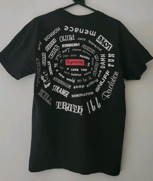 Camiseta negra Supreme Spiral SS21 talla M (mediana). Obra de arte de Weirdo Dave.