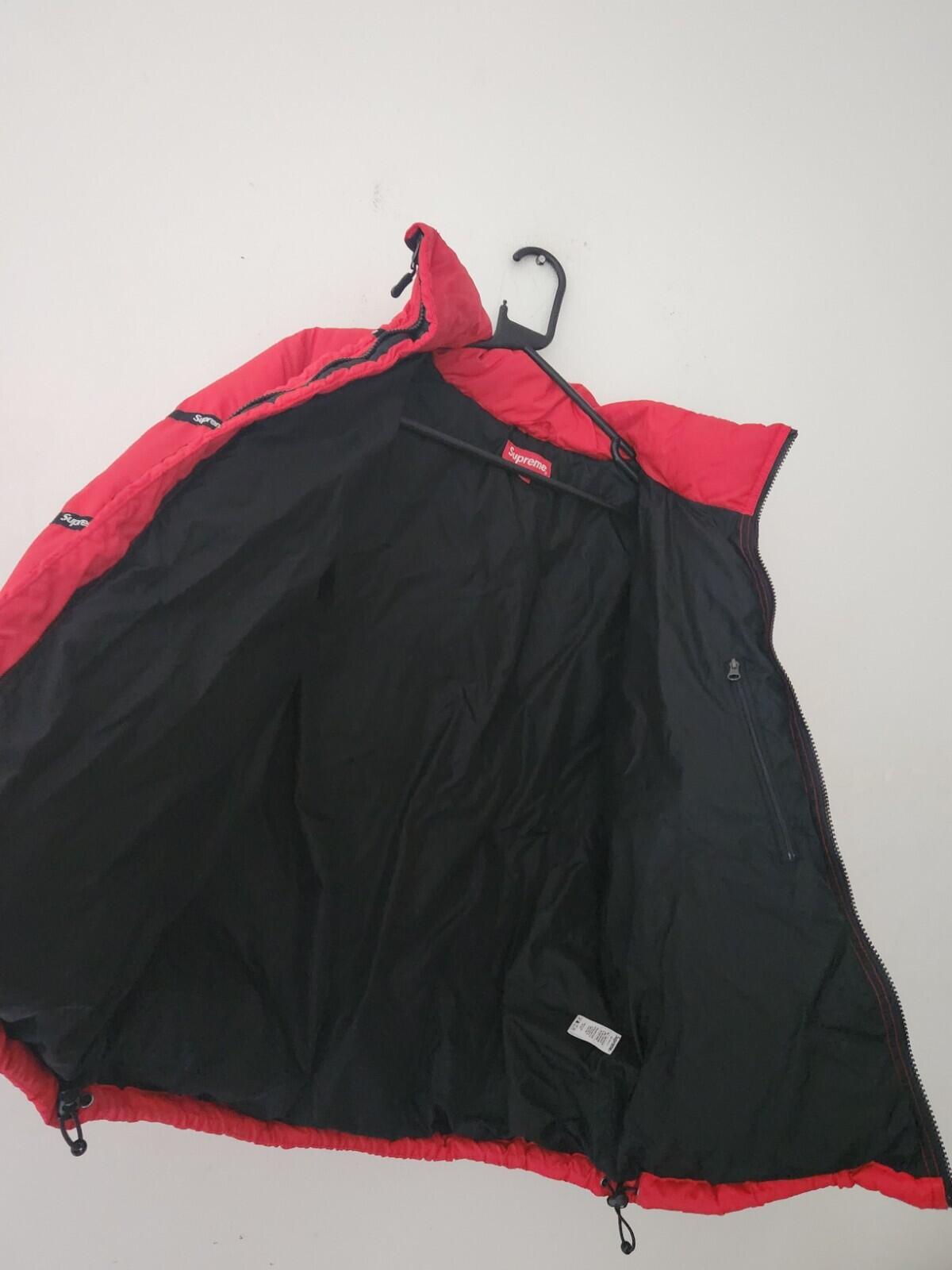 FW16 Supreme Logo Tape Puffy Jacket Size S Small Red Puffer