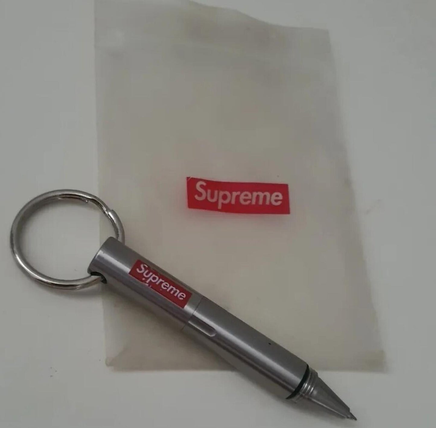 SS16 Supreme keychain Pen steel keyring silver small box logo Accessory