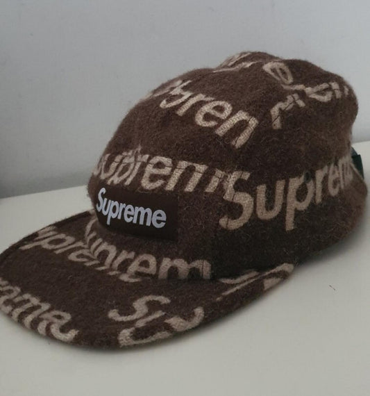 Gorra Supreme Harris Tweed FW18 con logo y caja, de lana marrón
