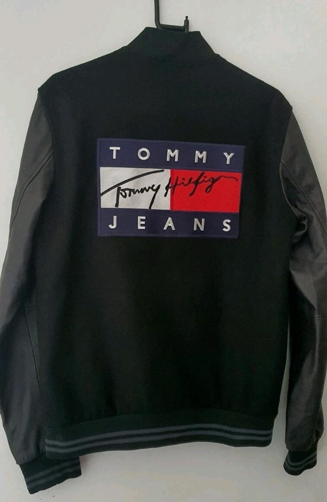 TOMMY JEANS £189 Varsity Wool Bomber Goat Leather Sleeves Black Jacket Hilfiger