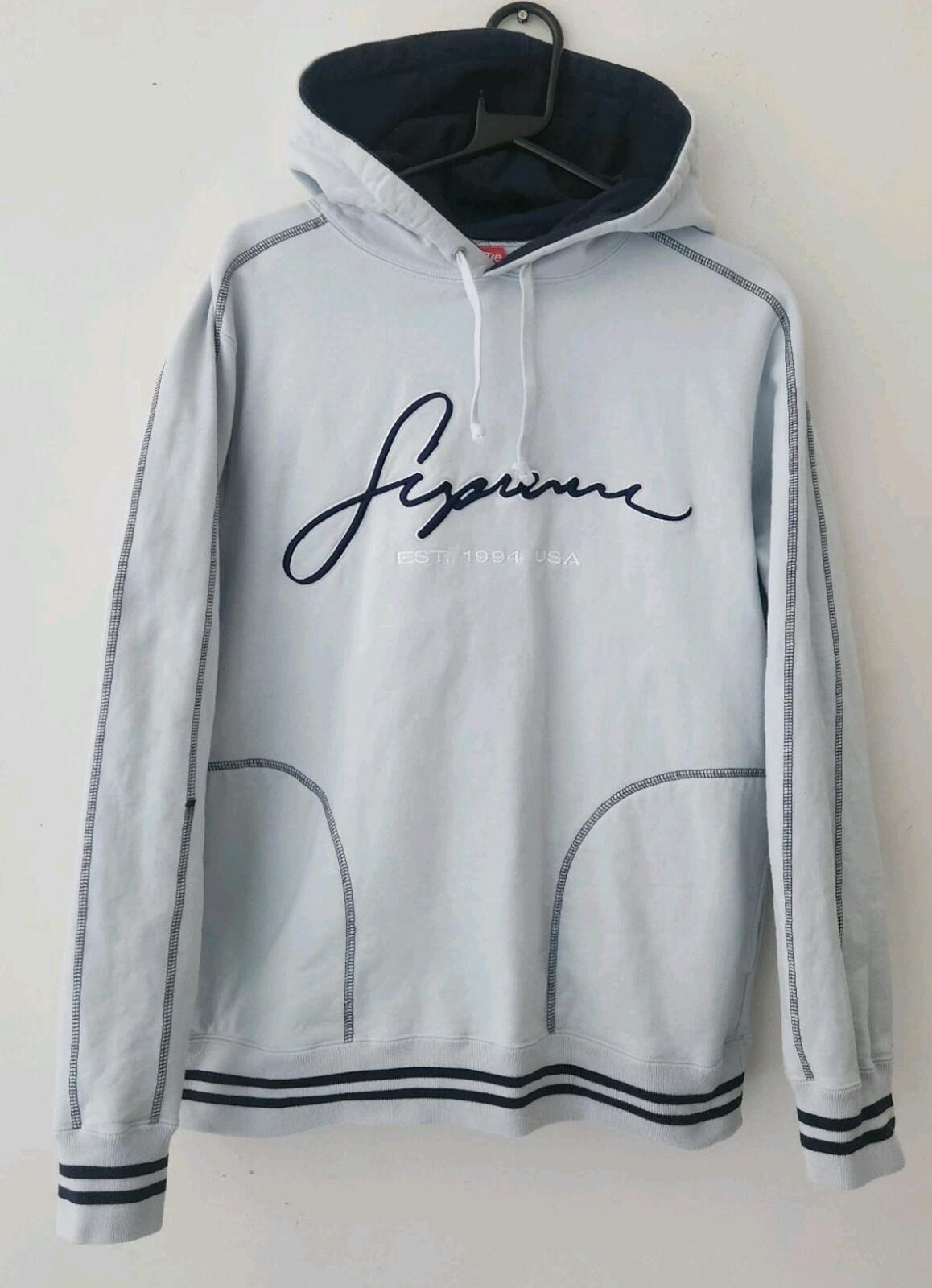 SS19 Supreme Contrast Embroidered Hoodie Ice Blue Size M