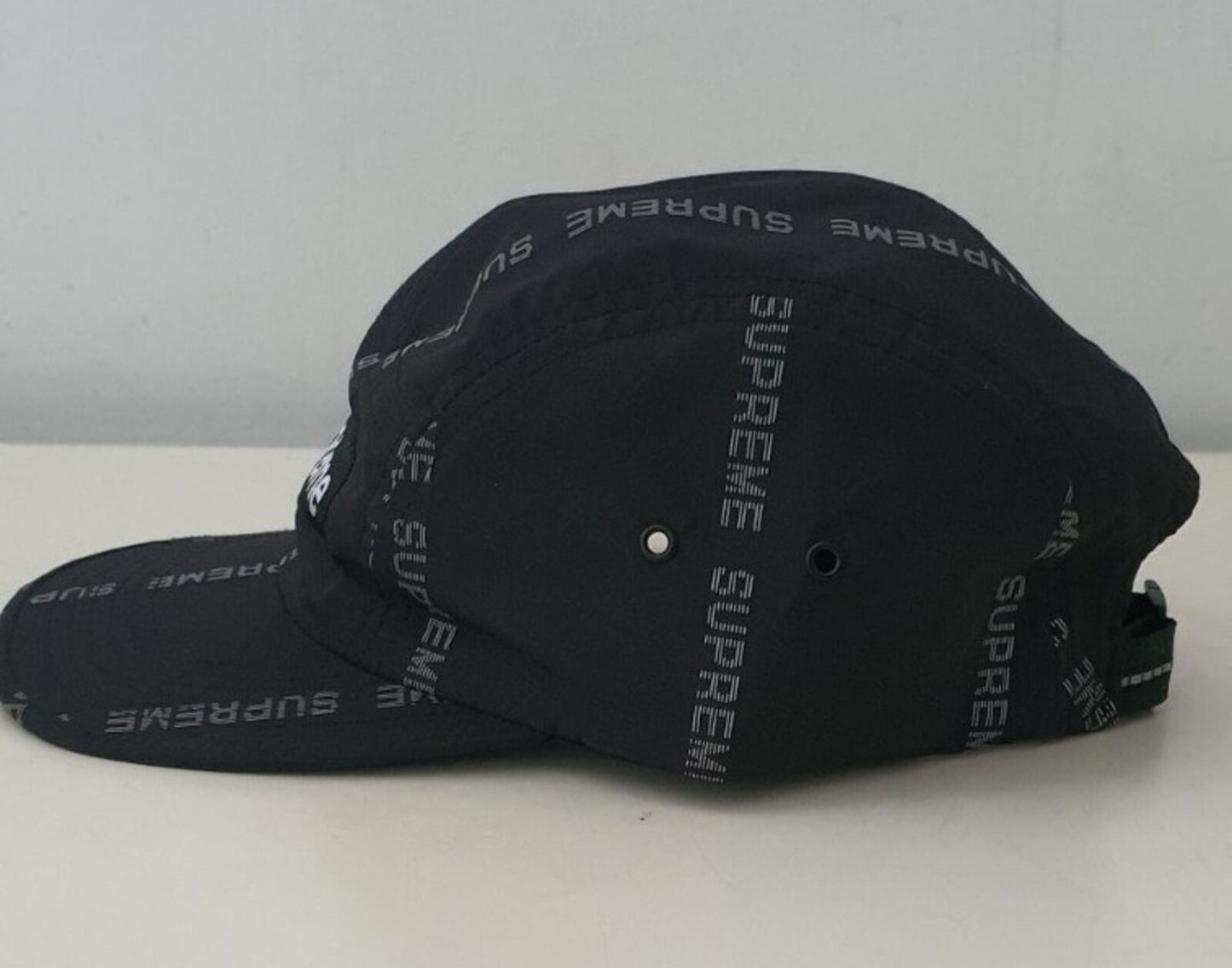 FW18 Supreme reflective text camp cap black hat water resistant jacquard logo