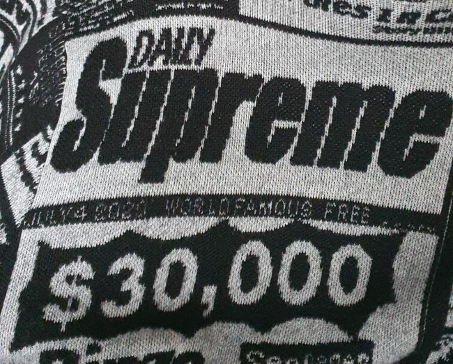 FW18 Supreme Newsprint schwarzer Pullover Größe M mittlerer Jumper Zeitung Merinowolle