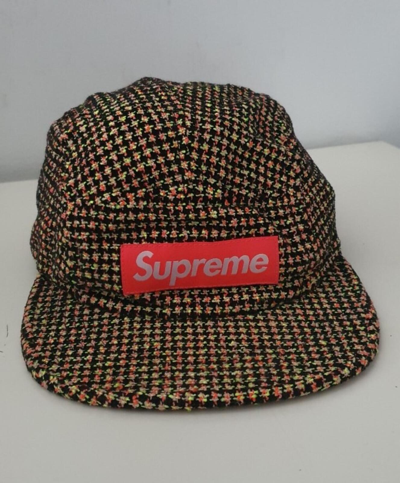 FW17 Supreme BOUCLÉ HOUNDSTOOTH CAMP CAP hat box logo Neon