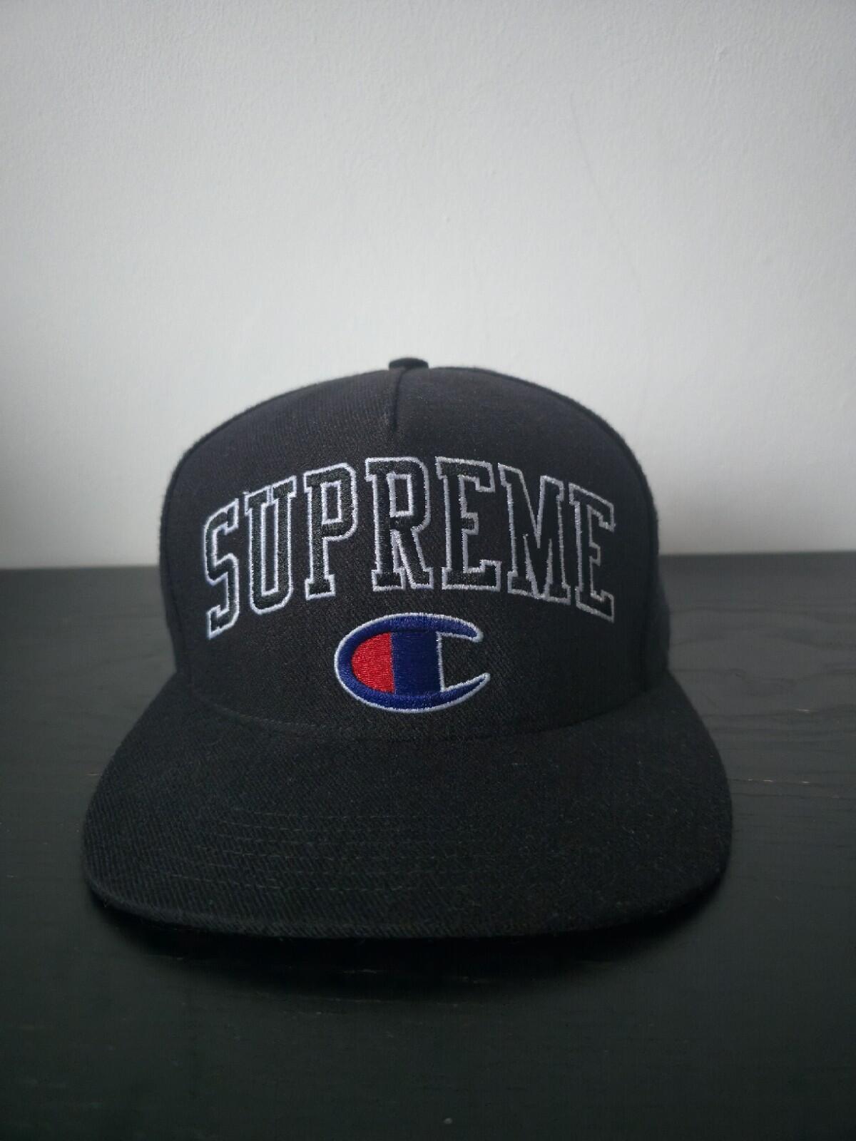 Gorra de 5 paneles Supreme x Champion FW14 con logotipo bordado, color negro