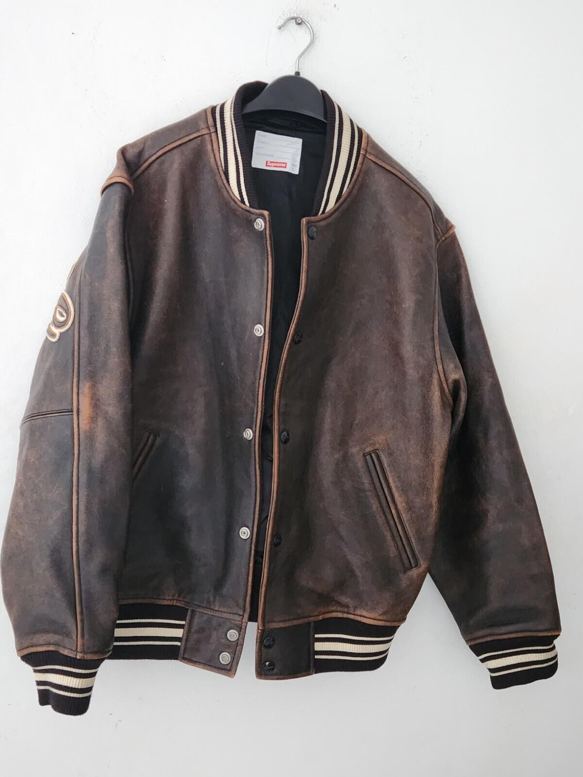 SS19 Supreme Leather Varsity Jacket L black Lambskin Brown Coat Satin Lining