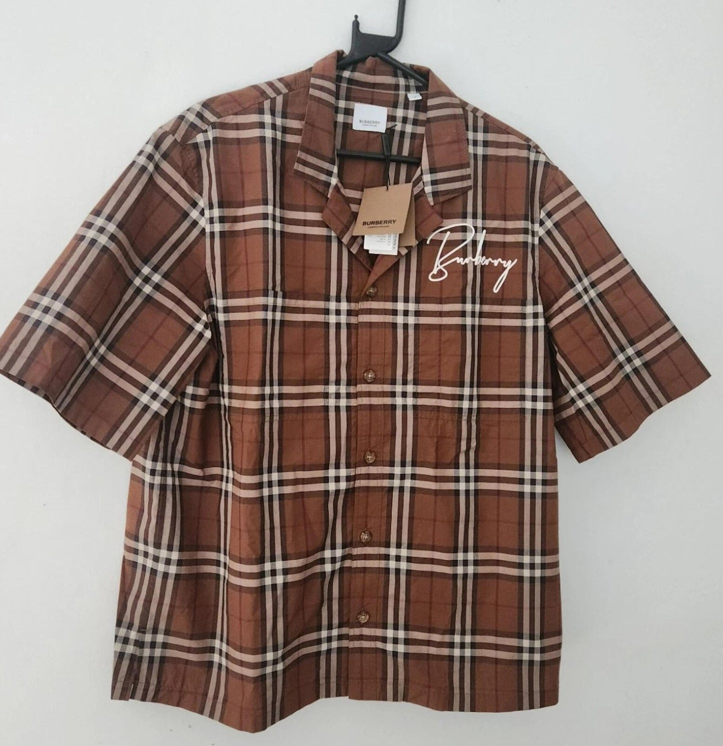 BURBERRY London Camp Collar Logo Embroidered Checked Cotton Shirt RRP £525 Brown