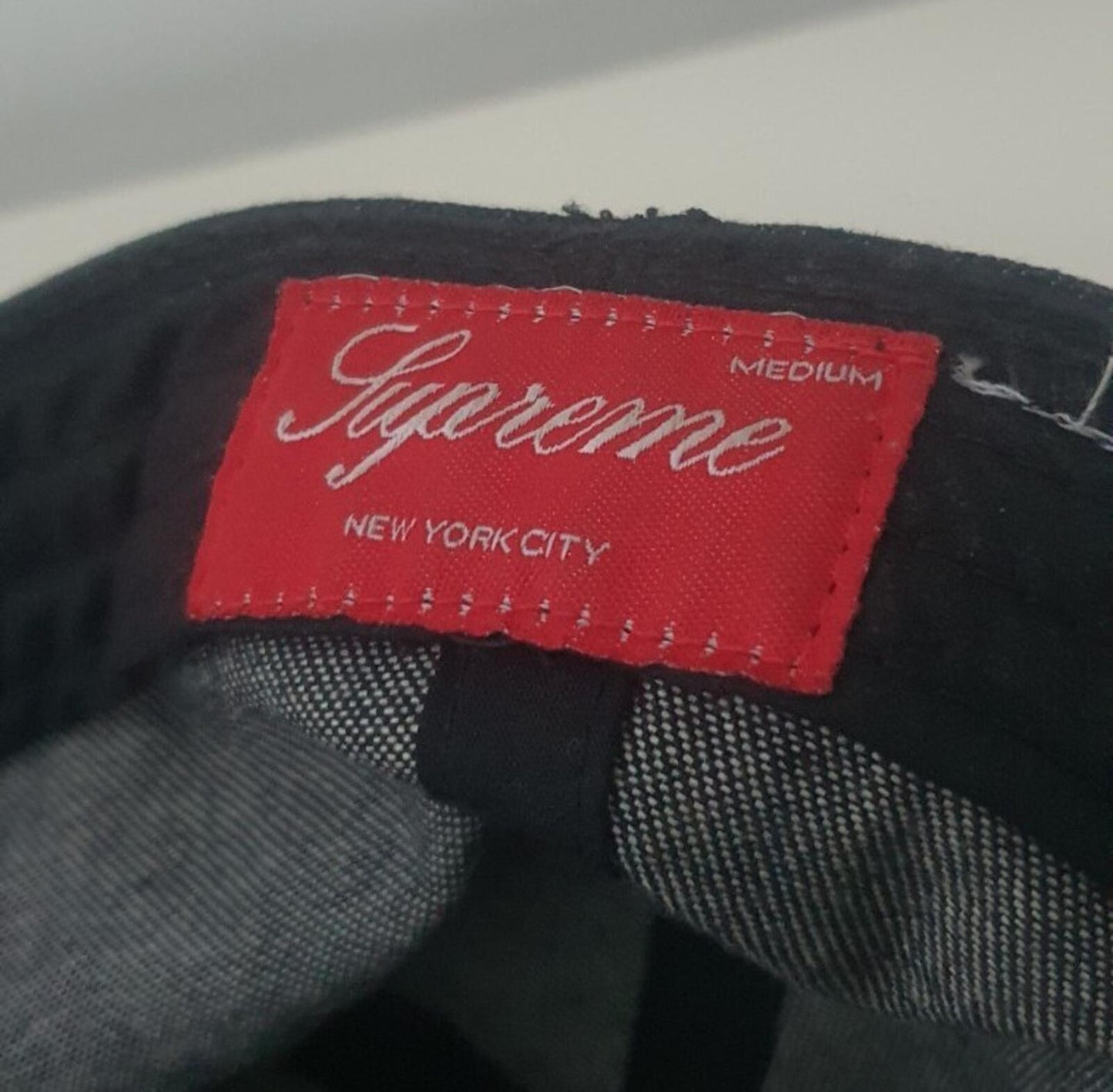FW14 Supreme Fitted Denim Varsity 6-panel Black Hat Size M