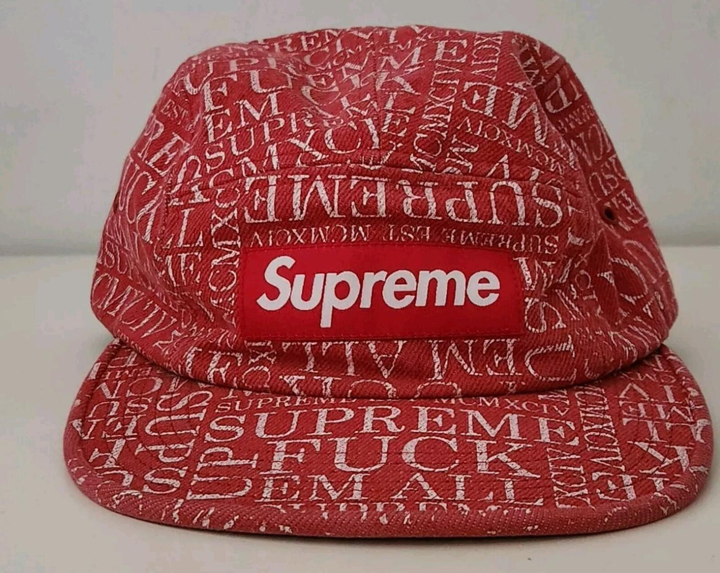 FW15 Supreme F UCK EM' ALL denim camp cap Red hat box logo