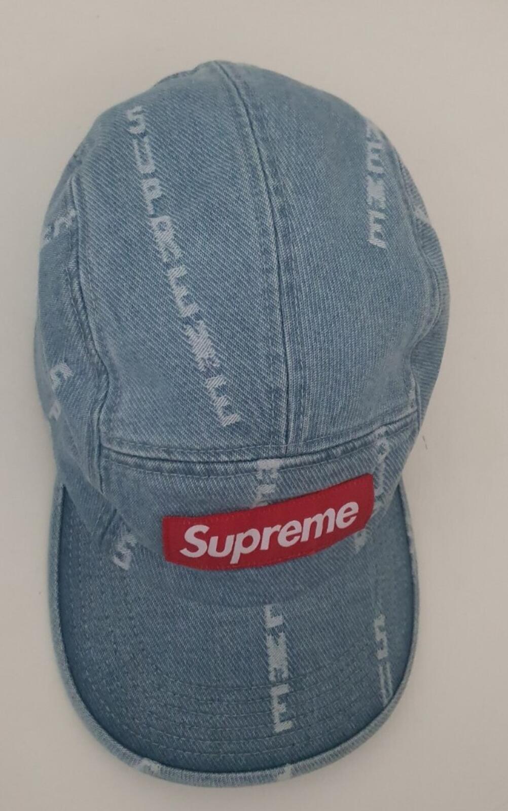 FW20 Supreme Logo Stripe Jacquard denim camp cap red box logo blue hat Worn 1x