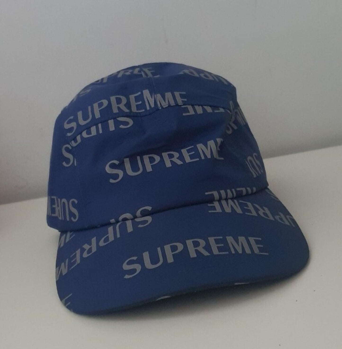 FW16 Supreme 3M Reflective Repeat Camp Cap Blau Hut Box Logo Wasserabweisend