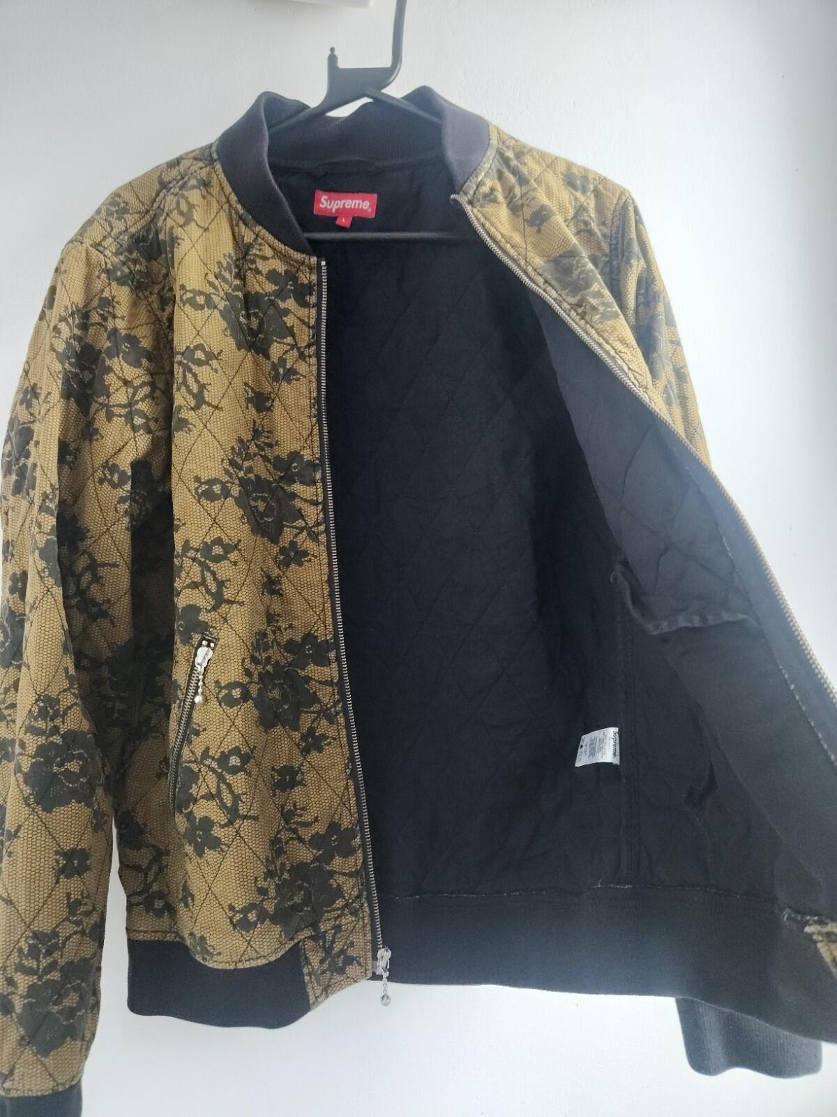 SS17 Supreme Quilted Lace Bomber Jacket Dark Gold Floral Lining Embroidered Logo