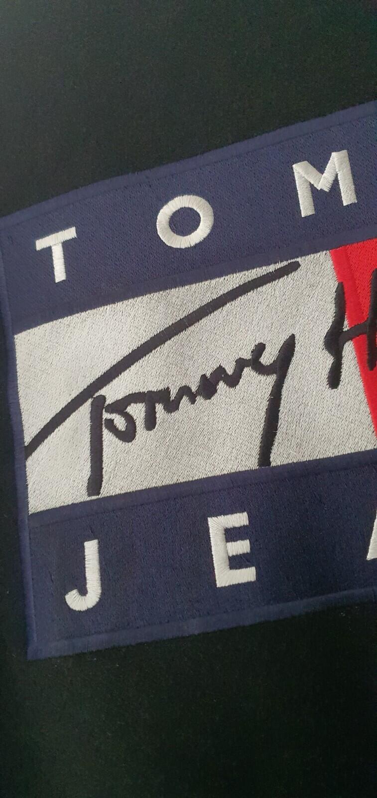 TOMMY JEANS £189 Varsity Wool Bomber Goat Leather Sleeves Black Jacket Hilfiger