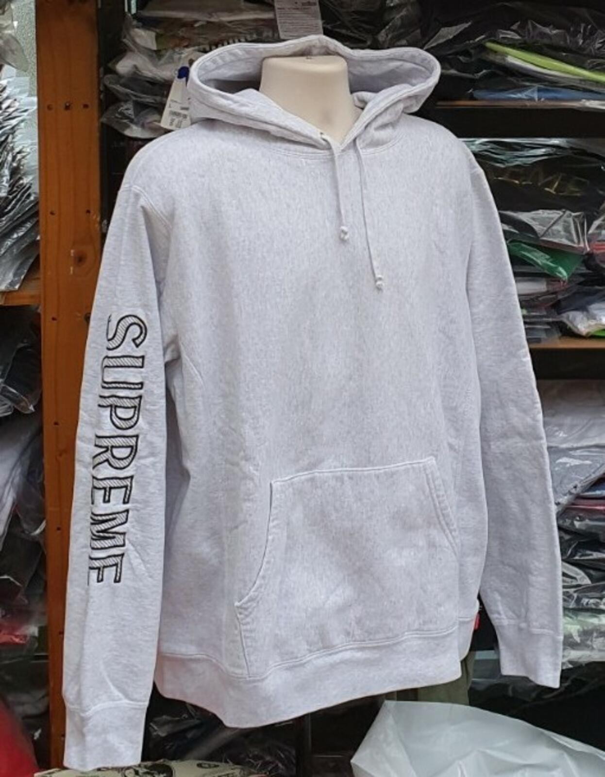 SS18 Supreme Sleeve Embroidery Hooded Sweatshirt Heather Grey Größe XL