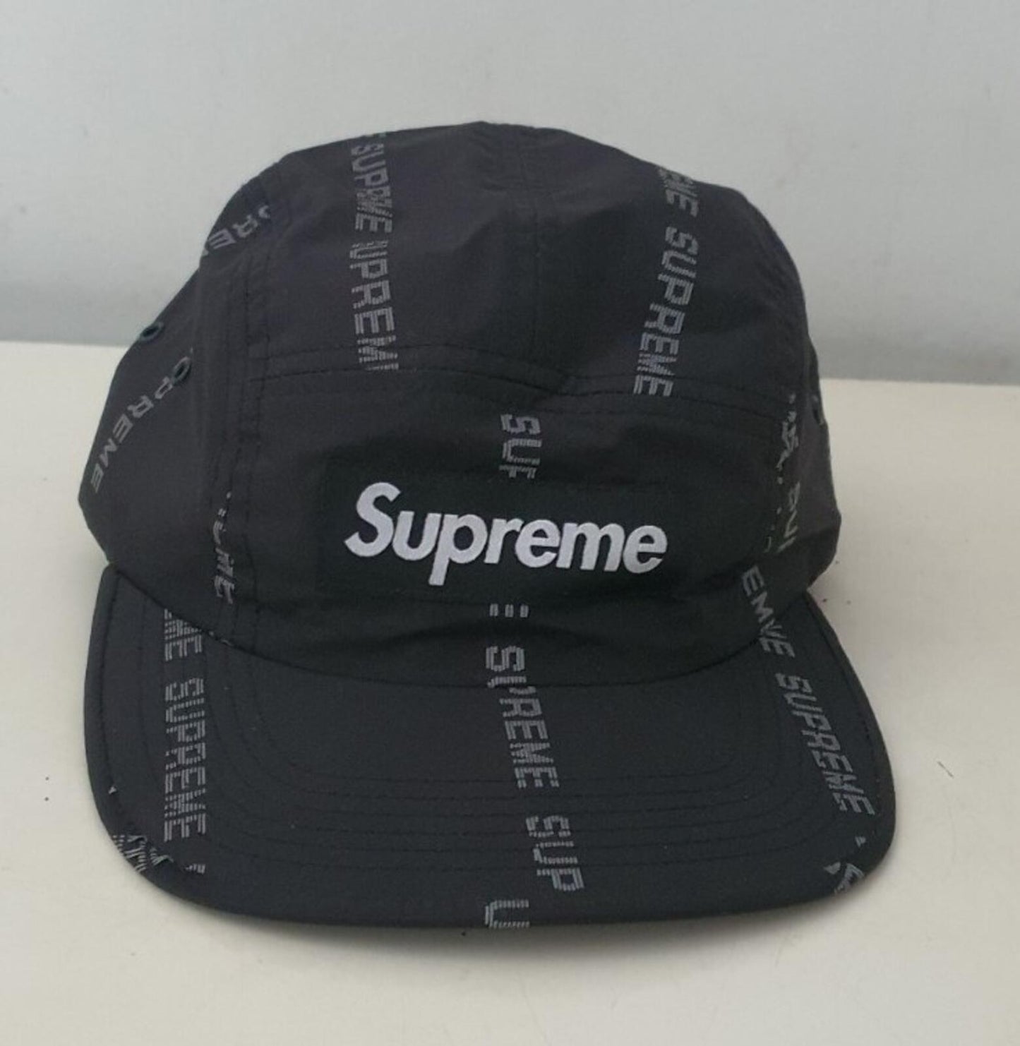 FW18 Supreme reflective text camp cap black hat water resistant jacquard logo