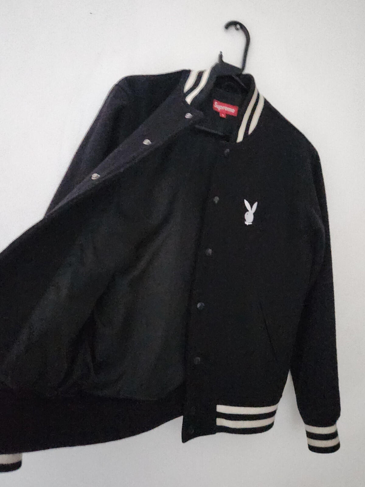 SS11 Supreme x Playboy Wool Varsity Jacket size S Small Satin Black Vintage 2011