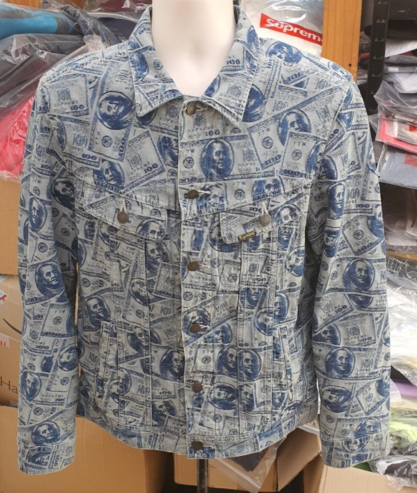 FW17 Supreme 100 Dollar Bill Denim Trucker Jacket Blue Größe MBenjamin Franklin