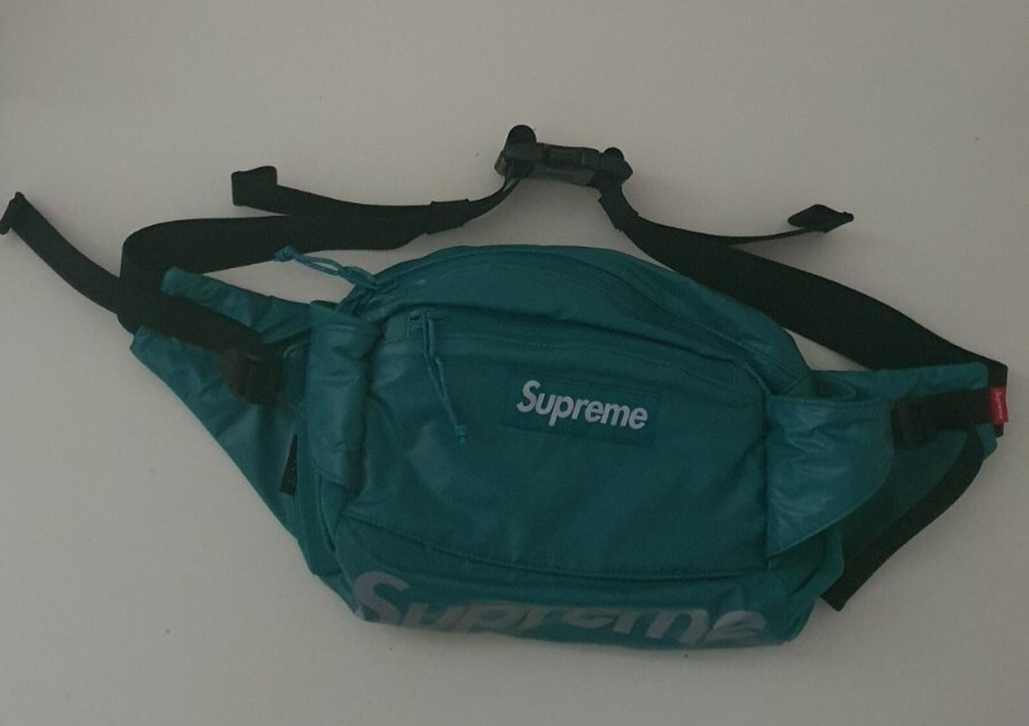 FW17 Supreme teal waist bag Cordura Fabric reflective text Shoulder Belt Used 1x