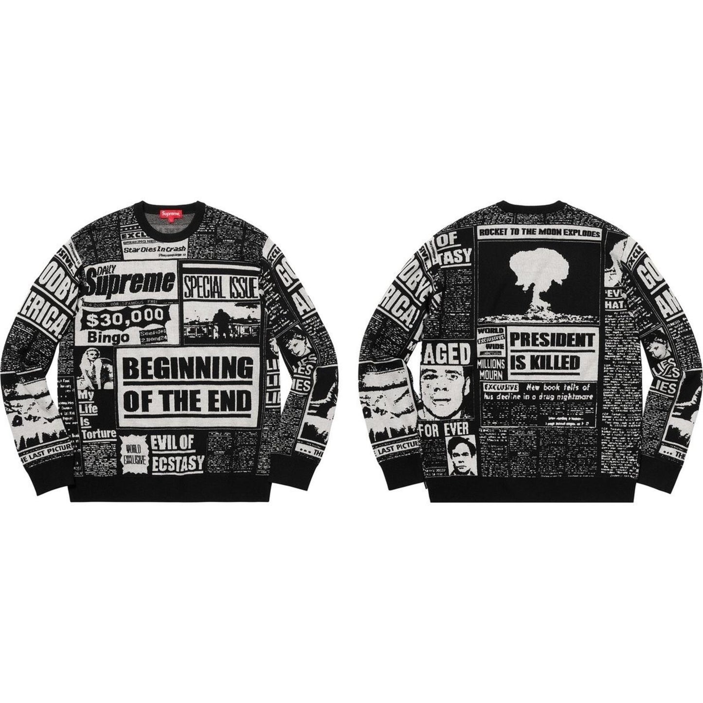 FW18 Supreme Newsprint schwarzer Pullover Größe M mittlerer Jumper Zeitung Merinowolle